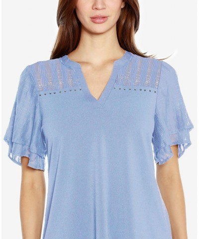 Black Label Petite Split Neck Mixed Media Top Blue $43.35 Tops