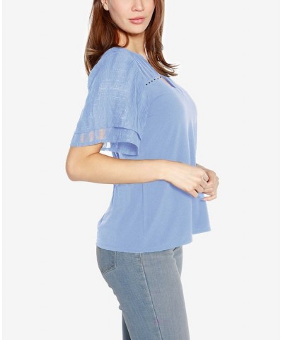 Black Label Petite Split Neck Mixed Media Top Blue $43.35 Tops