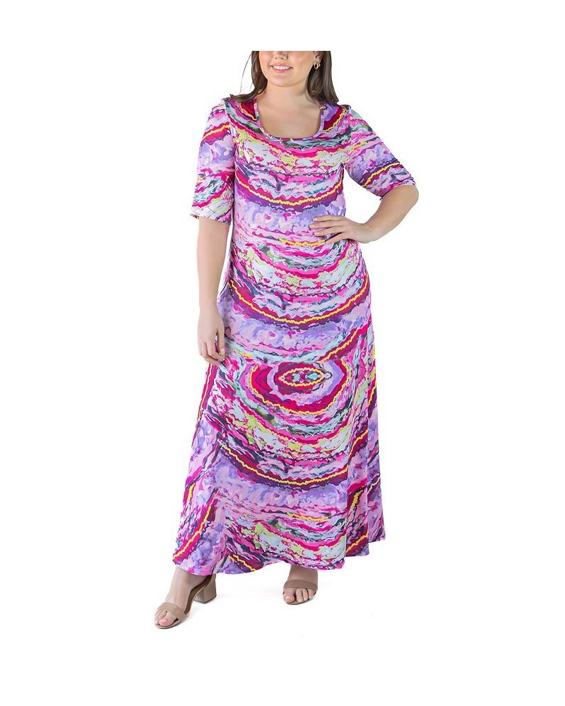 Plus Size Elbow Length Sleeve Maxi Dress Pink Multi $23.39 Dresses