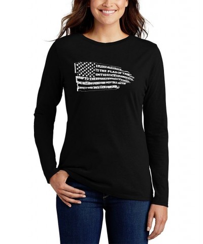 Women's Long Sleeve Word Art Pledge of Allegiance Flag T-shirt Black $18.86 Tops