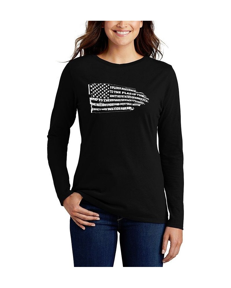 Women's Long Sleeve Word Art Pledge of Allegiance Flag T-shirt Black $18.86 Tops