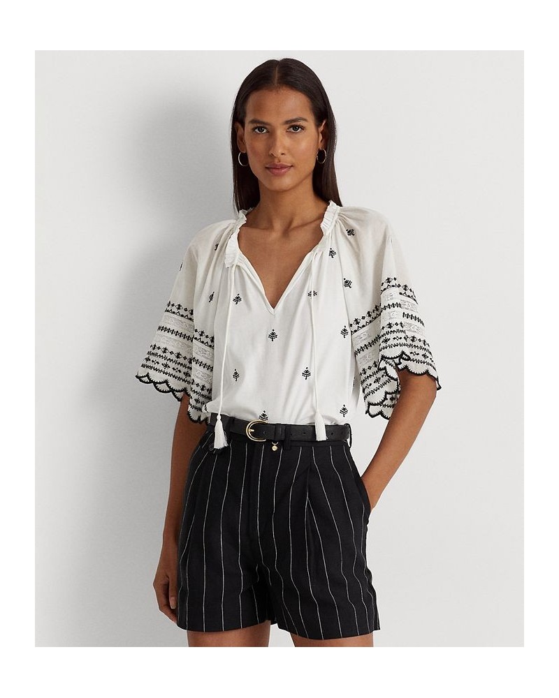 Women's Embroidered Jersey Tie-Neck Top White/black $56.70 Tops