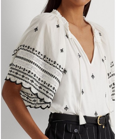 Women's Embroidered Jersey Tie-Neck Top White/black $56.70 Tops