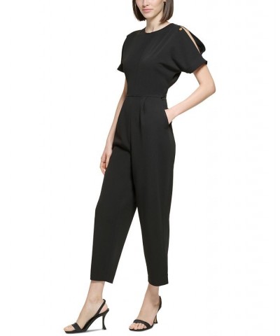 Women's Split-Sleeve Chain-Trim Jumpsuit Black $59.60 Pants