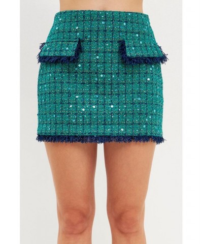 Women's Fringed Tweed Mini Skirt Green Navy $79.90 Skirts