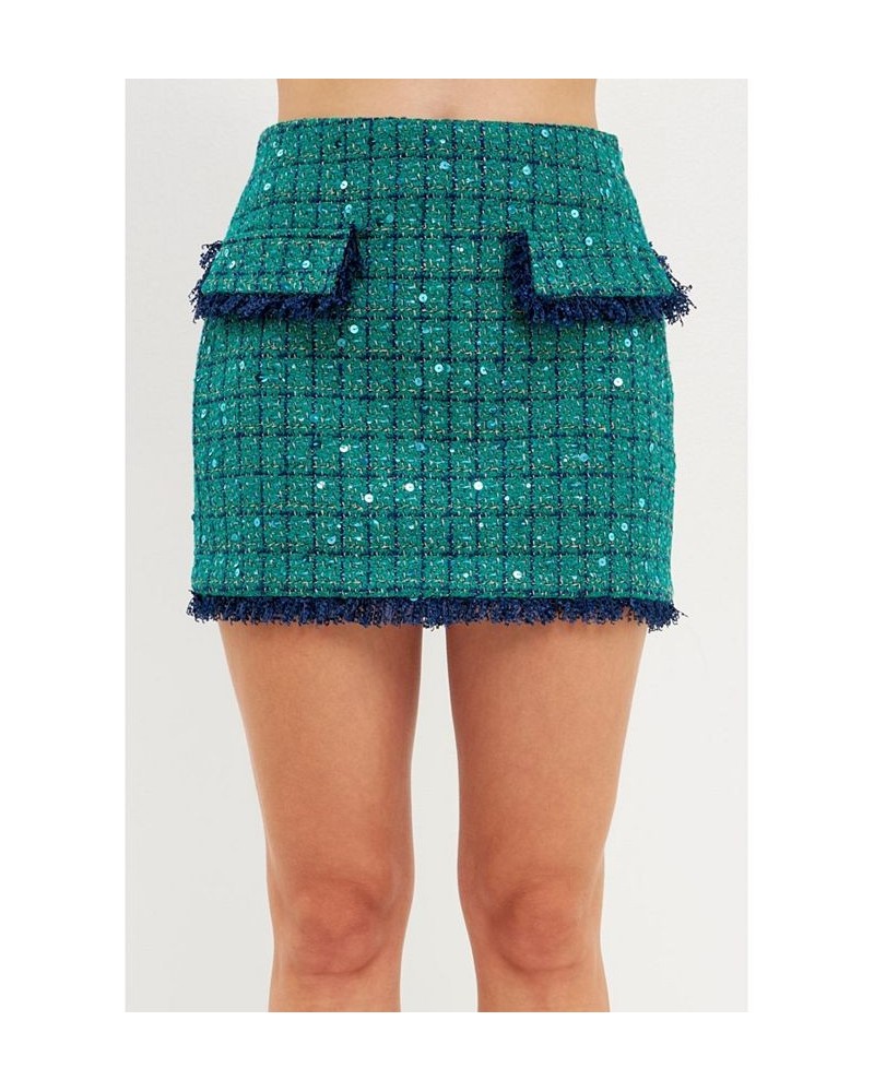 Women's Fringed Tweed Mini Skirt Green Navy $79.90 Skirts