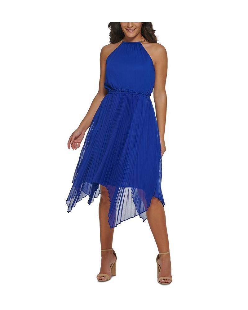 Women's Halter Handkerchief-Hem Midi Dress Blue $29.60 Dresses