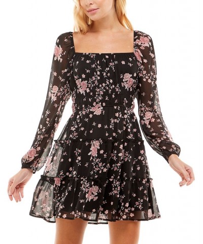 Juniors' Long Sleeve Fit & Flare Dress Black Pink Floral $37.95 Dresses