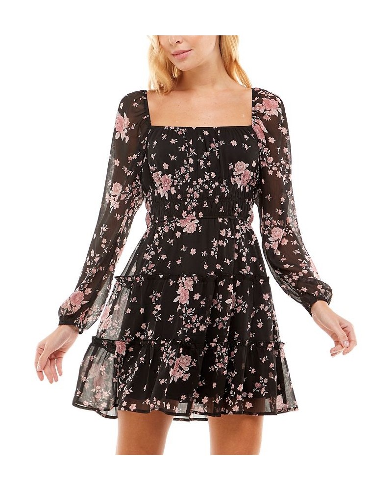 Juniors' Long Sleeve Fit & Flare Dress Black Pink Floral $37.95 Dresses