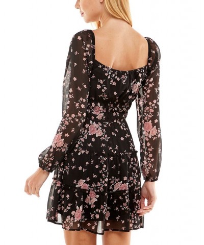 Juniors' Long Sleeve Fit & Flare Dress Black Pink Floral $37.95 Dresses