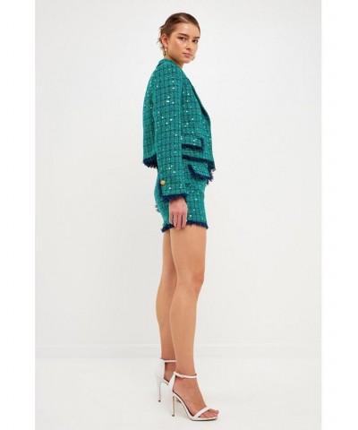 Women's Fringed Tweed Mini Skirt Green Navy $79.90 Skirts