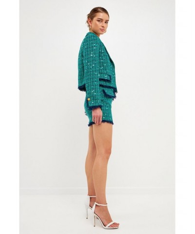 Women's Fringed Tweed Mini Skirt Green Navy $79.90 Skirts