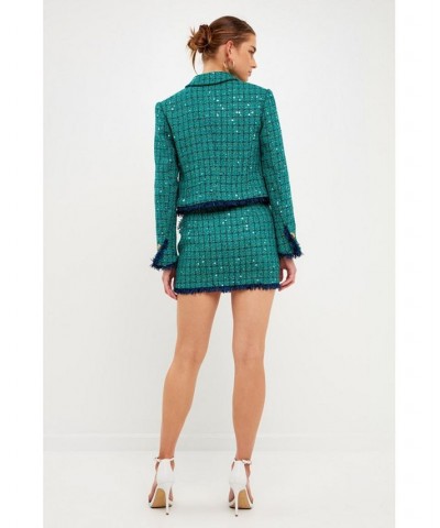 Women's Fringed Tweed Mini Skirt Green Navy $79.90 Skirts