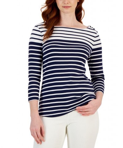 Women's Striped Boat-Neck 3/4-Sleeve Top Blue $10.50 Tops