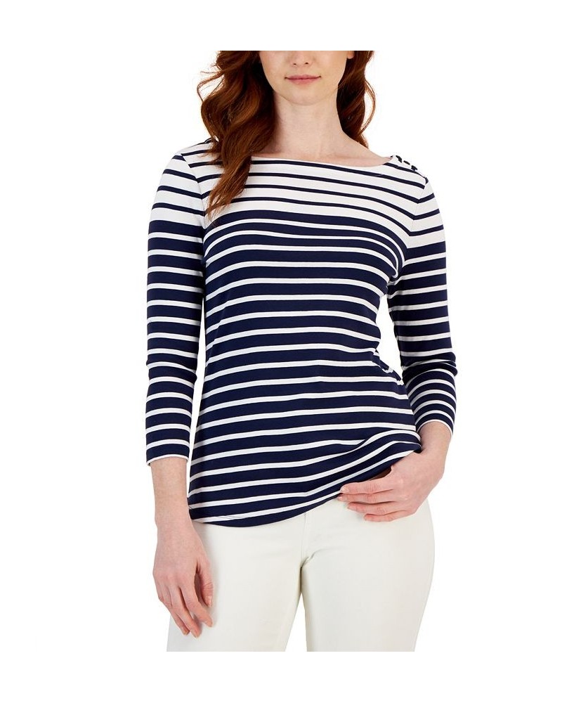 Women's Striped Boat-Neck 3/4-Sleeve Top Blue $10.50 Tops