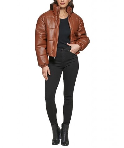 Women's Faux-Leather Puffer Coat Brown $59.20 Coats