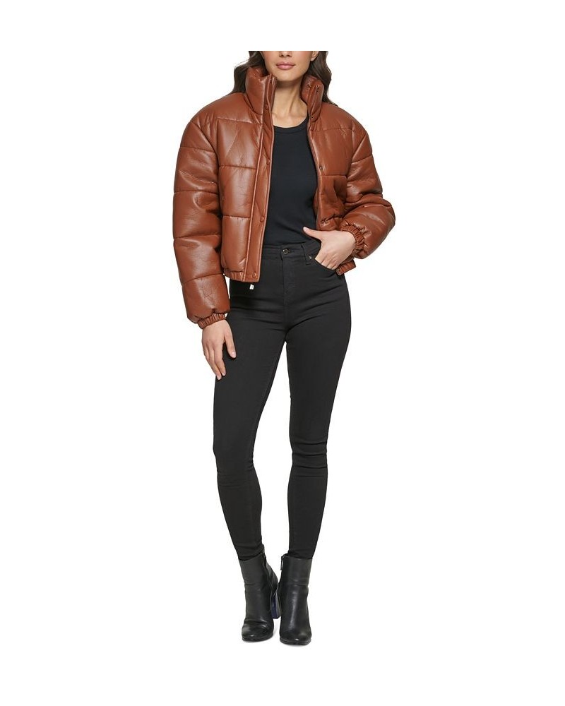 Women's Faux-Leather Puffer Coat Brown $59.20 Coats