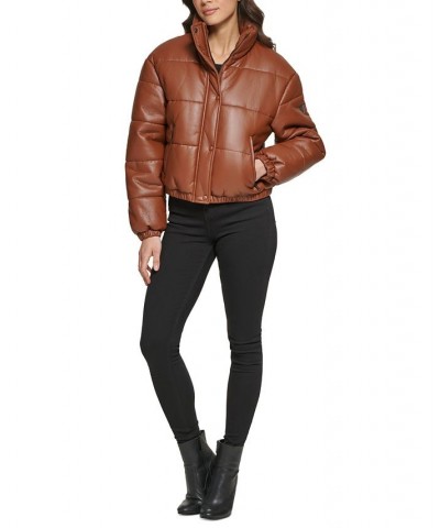 Women's Faux-Leather Puffer Coat Brown $59.20 Coats