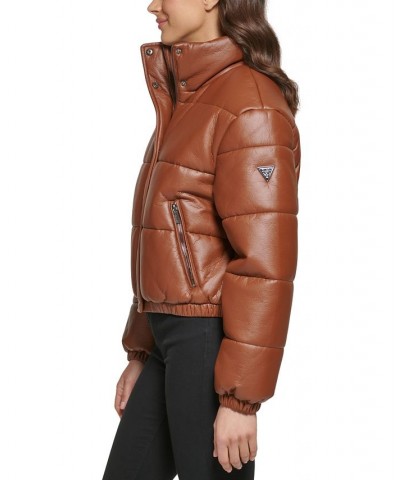 Women's Faux-Leather Puffer Coat Brown $59.20 Coats