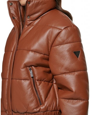 Women's Faux-Leather Puffer Coat Brown $59.20 Coats