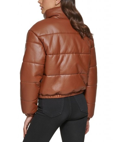 Women's Faux-Leather Puffer Coat Brown $59.20 Coats