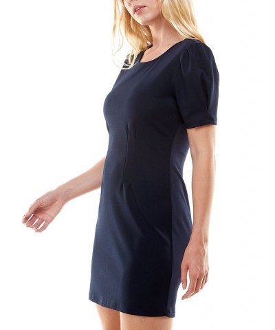 Juniors' Puffed-Shoulder Cinched-Waist Dress Navy $20.99 Dresses