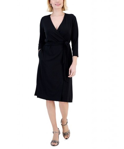 Petite Printed 3/4-Sleeve Wrap Dress Deep Black $22.62 Dresses