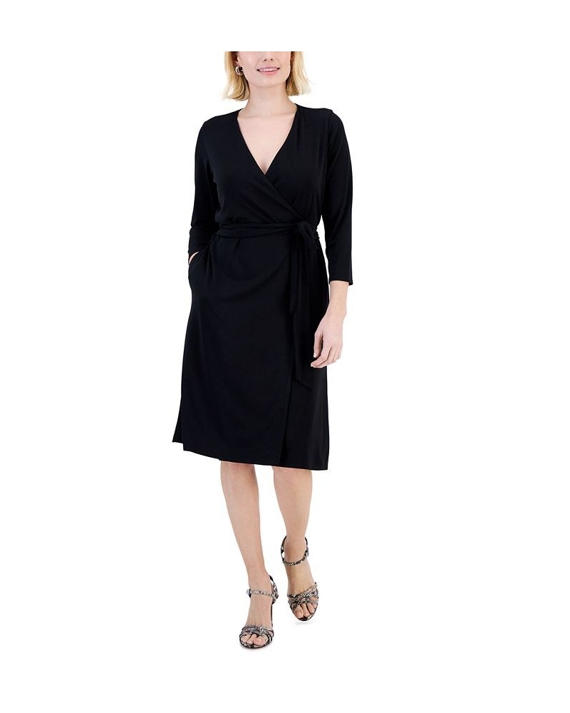 Petite Printed 3/4-Sleeve Wrap Dress Deep Black $22.62 Dresses