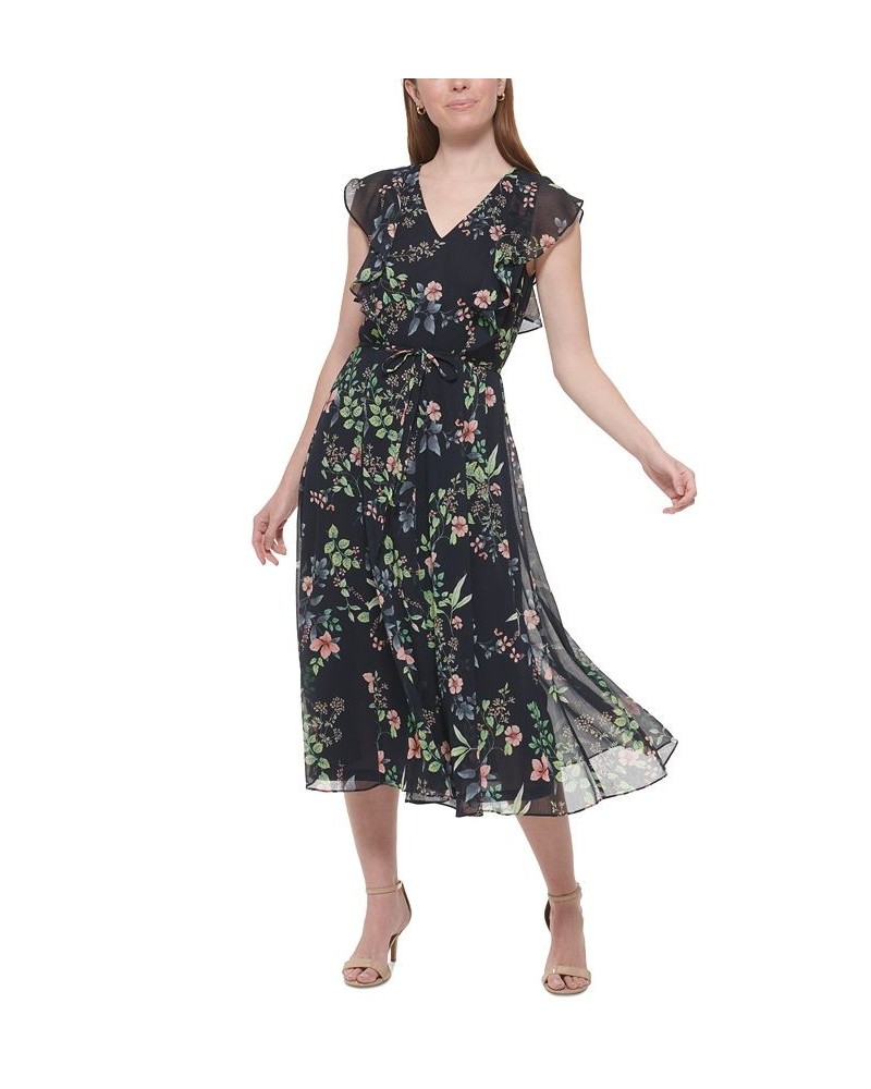 Women's Floral-Print Ruffled Midi Dress Sky Captain Multi $41.86 Dresses