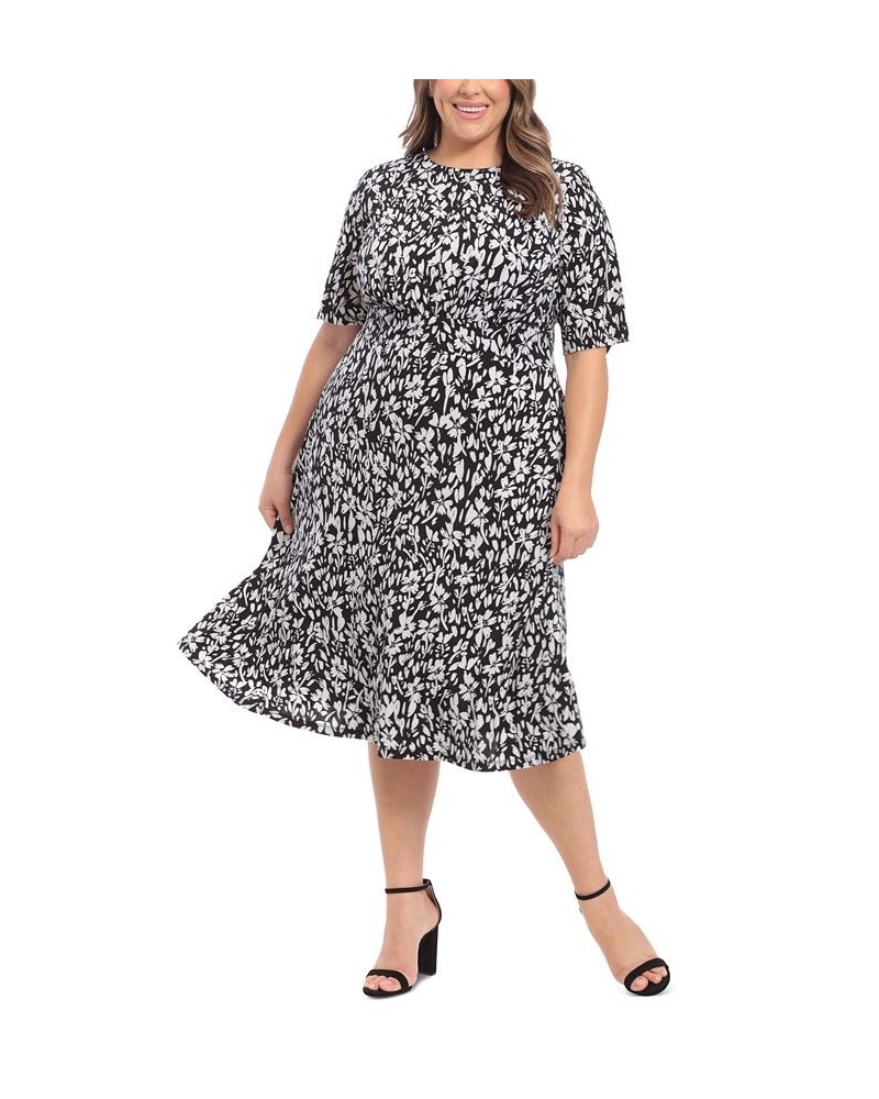 Plus Size Floral-Print Short-Sleeve Midi Dress Black/White $35.39 Dresses