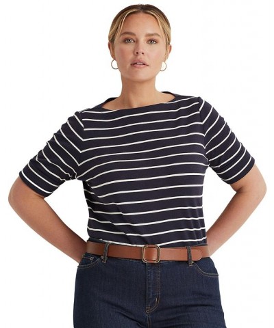 Plus Size Striped Cotton Boatneck T-Shirt Blue $28.56 Tops