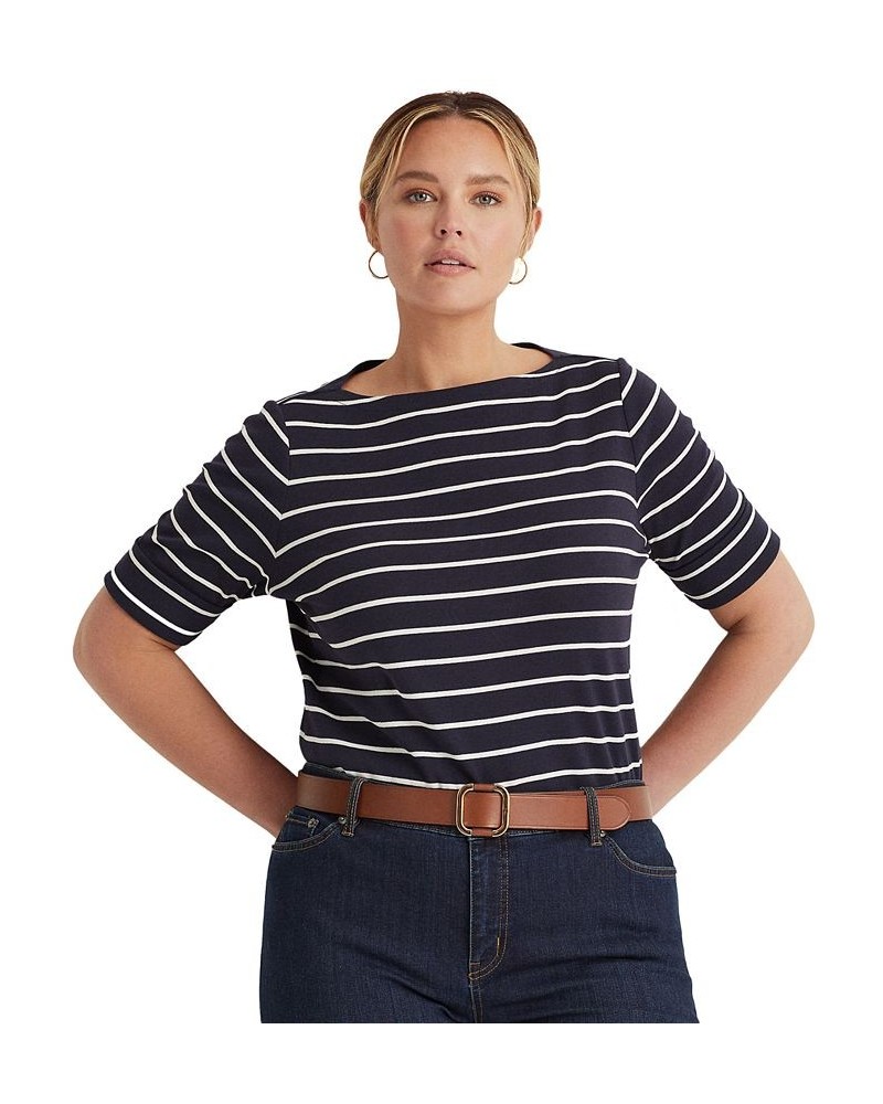 Plus Size Striped Cotton Boatneck T-Shirt Blue $28.56 Tops