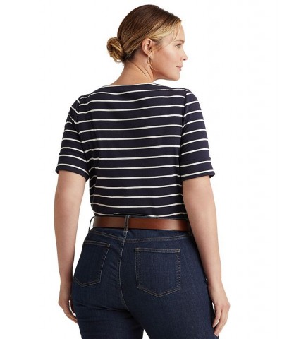 Plus Size Striped Cotton Boatneck T-Shirt Blue $28.56 Tops