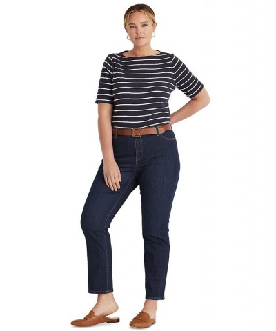 Plus Size Striped Cotton Boatneck T-Shirt Blue $28.56 Tops