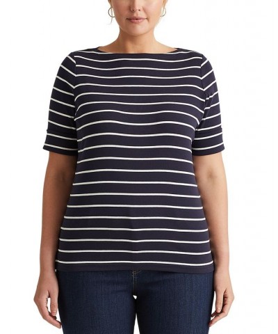 Plus Size Striped Cotton Boatneck T-Shirt Blue $28.56 Tops