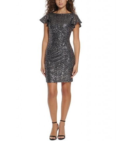 Petite Flutter-Sleeved Sequinned Shift Dress Black Silver $49.17 Dresses