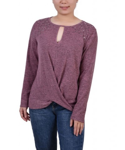 Petite Long Sleeve Knit Keyhole Top Purple $16.96 Tops