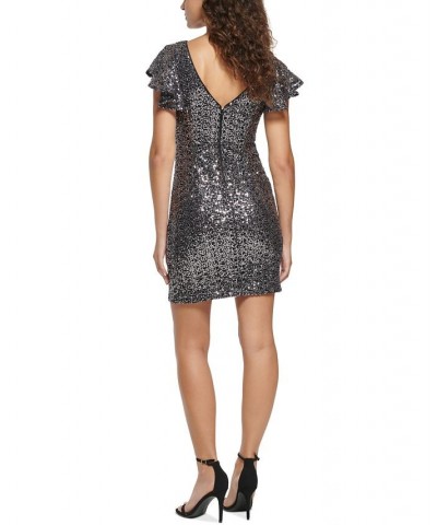 Petite Flutter-Sleeved Sequinned Shift Dress Black Silver $49.17 Dresses