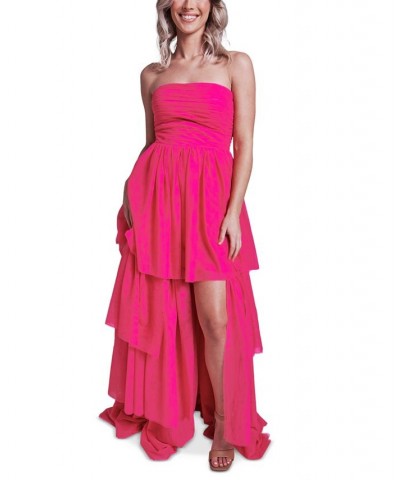 Juniors' Strapless Tiered-Ruffle-Trim Mesh Gown Brite Pink $33.73 Dresses