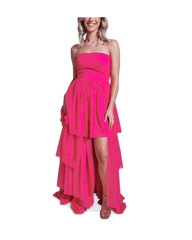 Juniors' Strapless Tiered-Ruffle-Trim Mesh Gown Brite Pink $33.73 Dresses