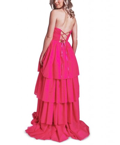 Juniors' Strapless Tiered-Ruffle-Trim Mesh Gown Brite Pink $33.73 Dresses