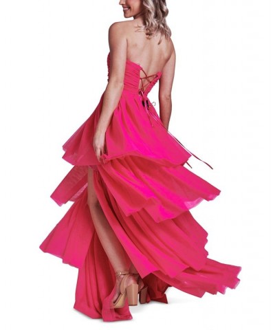 Juniors' Strapless Tiered-Ruffle-Trim Mesh Gown Brite Pink $33.73 Dresses