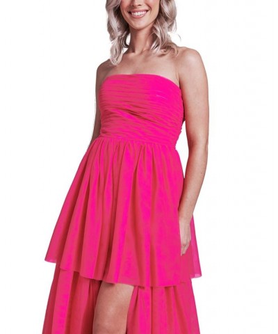 Juniors' Strapless Tiered-Ruffle-Trim Mesh Gown Brite Pink $33.73 Dresses