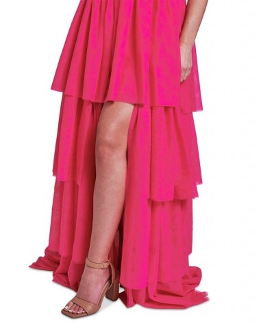 Juniors' Strapless Tiered-Ruffle-Trim Mesh Gown Brite Pink $33.73 Dresses