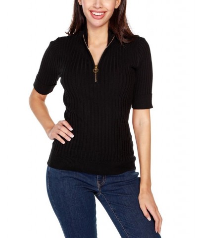 Black Label Women's Ribbed Zip Mock Neck Top Black $25.18 Tops