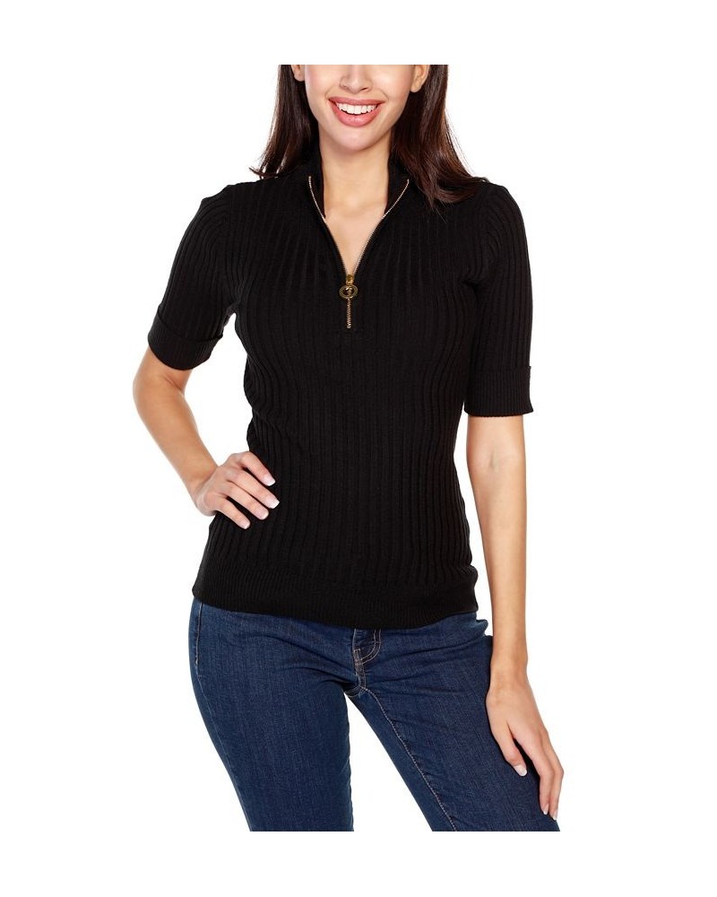 Black Label Women's Ribbed Zip Mock Neck Top Black $25.18 Tops