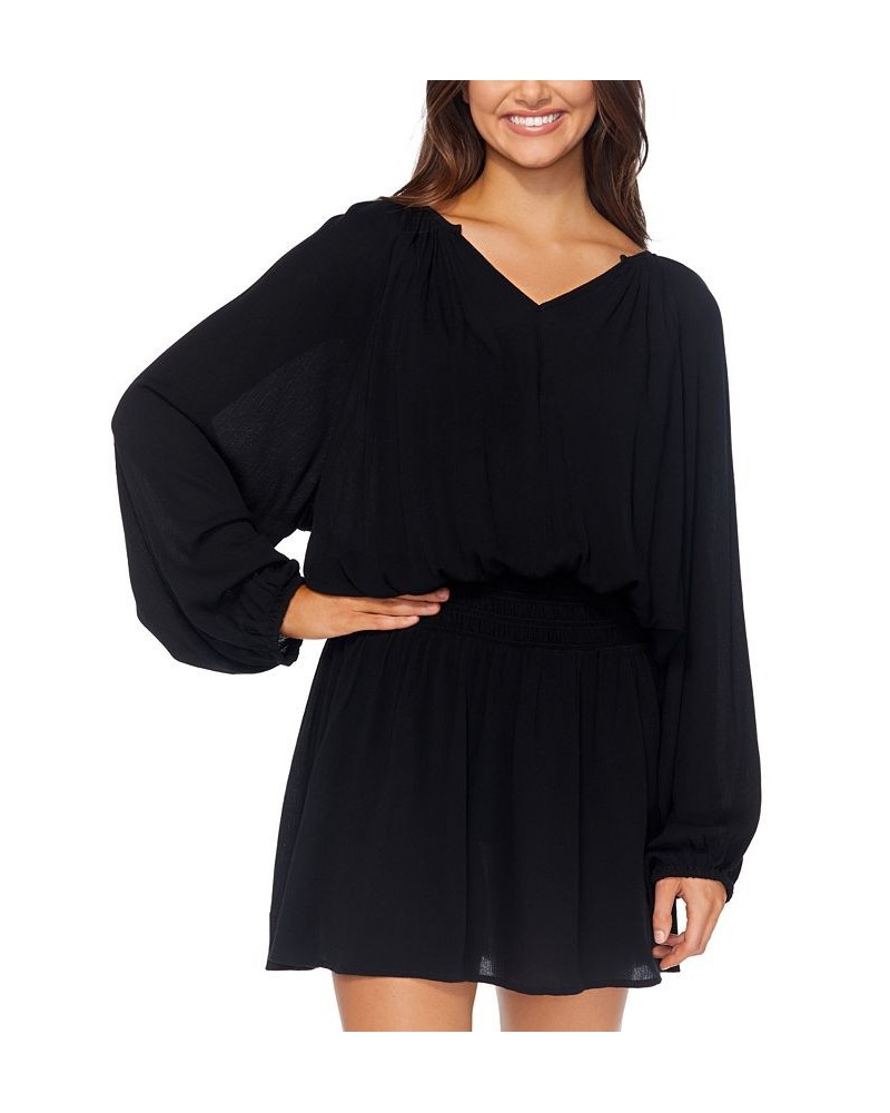 Juniors' Maui Solid Blouson-Sleeve Dress Cover-Up Black $34.98 Swimsuits