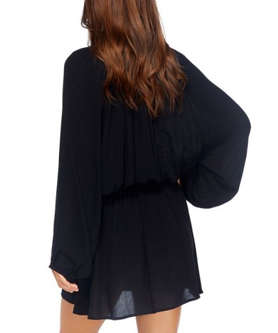 Juniors' Maui Solid Blouson-Sleeve Dress Cover-Up Black $34.98 Swimsuits