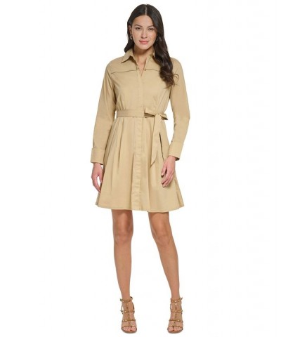 Women's Pleated Button-Front Long-Sleeve Shirt Dress Khaki $37.00 Dresses