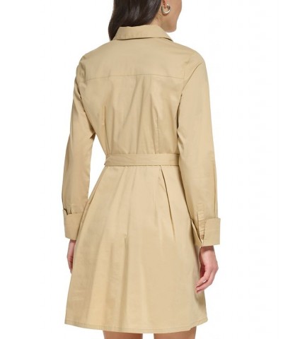 Women's Pleated Button-Front Long-Sleeve Shirt Dress Khaki $37.00 Dresses